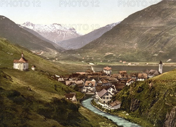 Urseren, also Ursern, is the valley of the upper Reuss in Uri, Switzerland, running southwest to northeast, from Realp to Hospental and Andermatt, Historic, digitally restored reproduction from a 19th century original, Record date not stated, also Ursern is the valley of the upper Reuss in Uri, Switzerland, running southwest to northeast, from Realp to Hospental and Andermatt, Historic, digitally restored reproduction from a 19th century original, Record date not stated, Europe