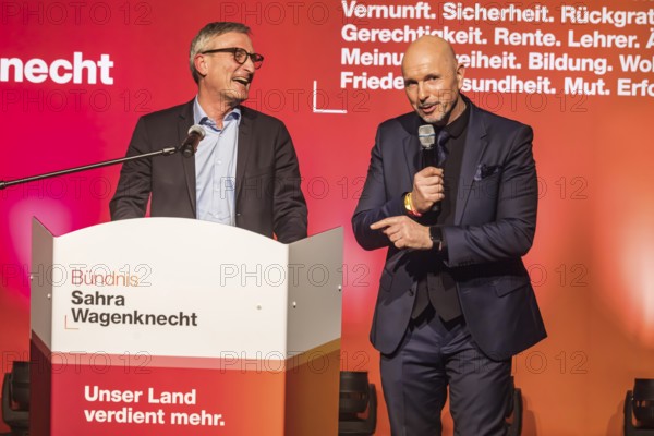 Thomas Geisel, MEP (left) and Steffen Quasebarth, BSW, Vice President of the State Parliament of Thuringia. Election event of the party BSW Alliance Sahra Wagenknecht for the Bundestag election 2025 in Stuttgart, Baden-Württemberg, Germany, Europe