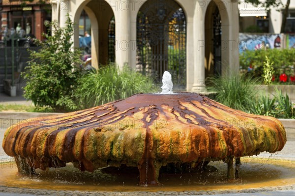 Kochbrunnen Springer, fountain by Edgar Heydock, hot sodium chloride thermal spring, coloured yellow-red by the deposition of sulphur, sinter, Wiesbaden spa, Hesse, Germany, Europe