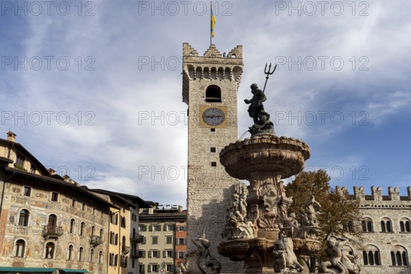 Piazza del Duomo with Palazzo Pretorio and the Neptune Fountain Trento, Trentino, Italy, Europe