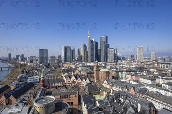 The view from St. Bartholomew's Cathedral takes in Frankfurt city centre and the banking skyline, Frankfurt am Main, Hesse, Germany, Europe