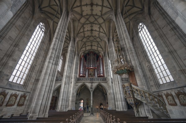 Interior with organ loft, organ built in 1997, late Gothic hall church of St George, Dinkelsbühl, Bavaria, Germany, Europe