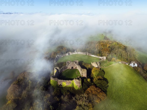 White Castle in the fog at dawn, Monmouthshire, Wales, England, United Kingdom, Europe