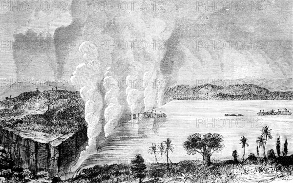 Victoria Falls on the Zambezi, border area between Zambezi and Zimbabwe, historical illustration 1886