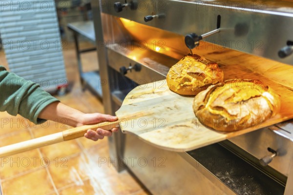 Latin unrecognizable man removing baked artisan bread from oven in a bakery kitchen