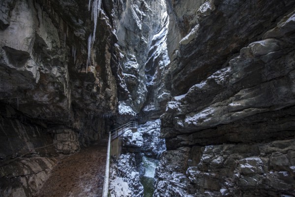 Winter, snowy landscape, river Breitach and hiking trail through the Breitachklamm gorge near Oberstdorf, Oberallgäu, Allgäu, Bavaria, Germany, Europe