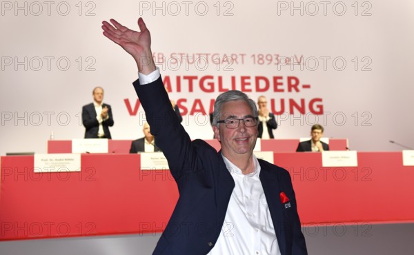 President Dietmar Allgaier VfB Stuttgart celebrates winning the election, General Meeting VfB Stuttgart 2025, Hanns-Martin-Schleyer-Halle, Stuttgart, Baden-Württemberg, Germany, Europe