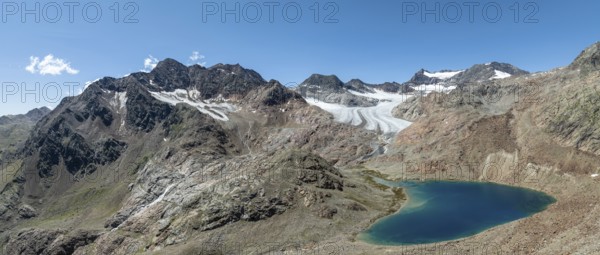 Panorama with mountain landscape and mountain lake, glacial lake at Übeltalferner, aerial view, Stubai Alps, South Tyrol, Italy, Europe