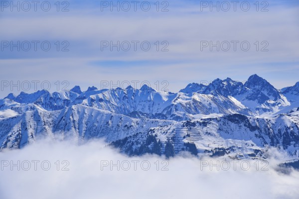 View of the Oberstdorf and Lechtal mountains from the mountain station of the Ifen cable car in Kleinwalstertal, with the Krottenkopf (2656 m) on the right, Allgäu, Vorarlberg, Austria, Europe