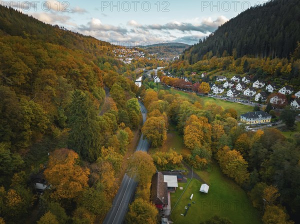 Entrance to the village in autumn forest, Calw, Black Forest, Germany, Europe