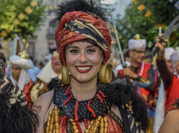 Woman in historic clothing, Moors and Christians Parade, Moros y Cristianos, Jijona or Xixona, Province of Alicante, Costa Blanca, Spain, Europe