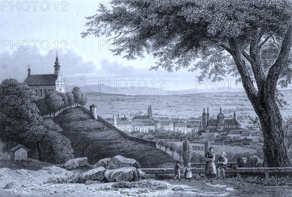 Franciscan monastery Frauenberg in Fulda, Hesse, Germany, in 1850, Historical, digitally restored reproduction of a 19th century original, exact date unknown, Europe