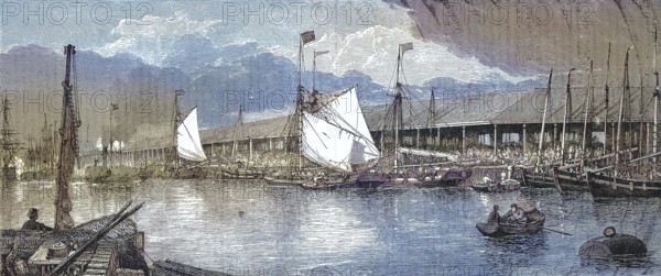 The fish market in the fishing harbour of Yarmouth in 1868, England, Historic, digitally restored reproduction of an original 19th century painting, exact original date unknown