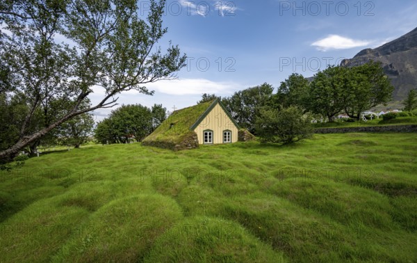 Hofskirkja church with grass roof and grass-covered graves, Öræfi region, South Iceland, Iceland, Europe