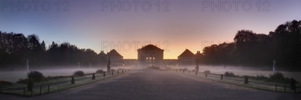 Panorama, dawn with ground fog in Nymphenburg Park with Nymphenburg Palace, Munich, Bavaria, Germany, Europe