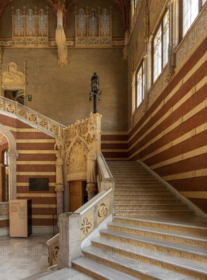 Interior view of the hall and corridors in the main building in the Hospital de la Santa Creu i Sant Pau by architect Lluís Domènech i Montaner, Barcelona, Catalonia