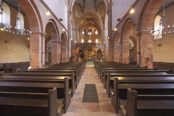 Interior view of the Romanesque Gothic Church of St. Mary and landmark of Gelnhausen, Hesse, Germany, Europe