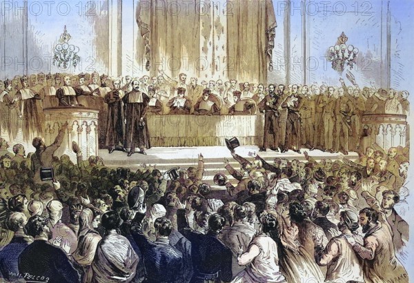 Event at the University of Madrid, Castelar, Fernando Castro and the other professors are ceremoniously reinstated to their chairs, 1869, Spain, Historical, digitally restored reproduction of a 19th century original, Europe