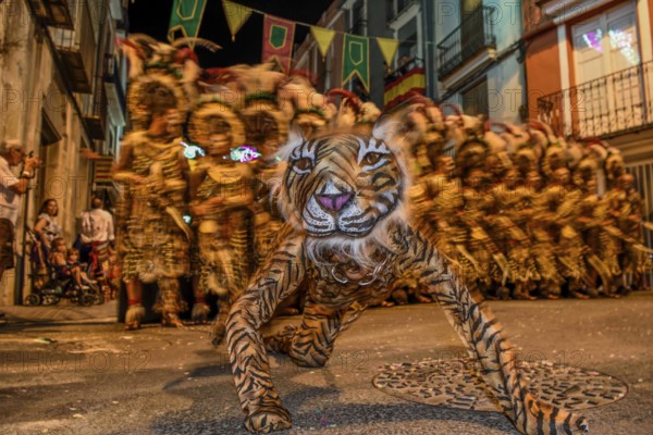 Person in a tiger costume, historical procession of Moors and Christians Parade, Moros y Cristianos, Jijona or Xixona, Province of Alicante, Costa Blanca, Spain, Europe