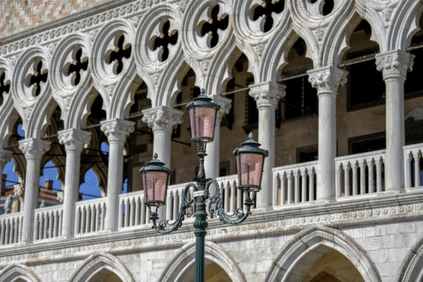 Venetian lantern in front of the Doge's Palace, San Marco district, Venice, Veneto region, Italy, Europe