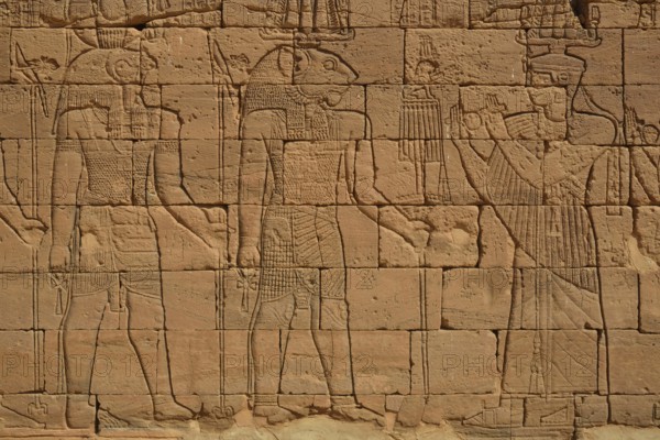 Relief of a procession with the deities Apedemak and Horus at the Lion Temple for the lion-deity Apedemak, Naga, Black Pharaohs, Nubia, Nahr an-Nil, Sudan, Africa