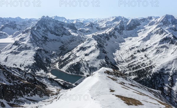 Reservoir, peaks and mountains in winter, Sellraintal, Stubai Alps, Kühtai, Tyrol, Austria, Europe