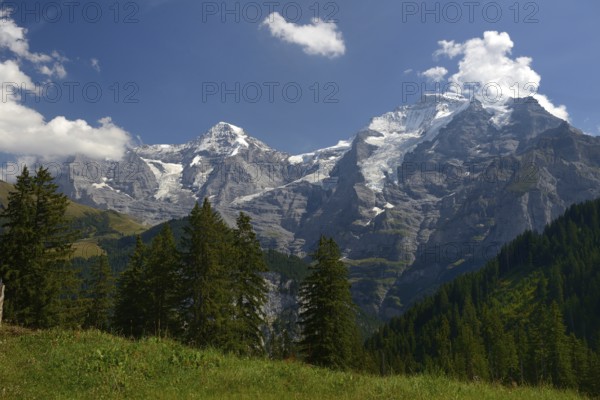 View of the Eiger, Mönch and Jungfrau, mountains in the Bernese Oberland, Canton Bern, Switzerland, Europe