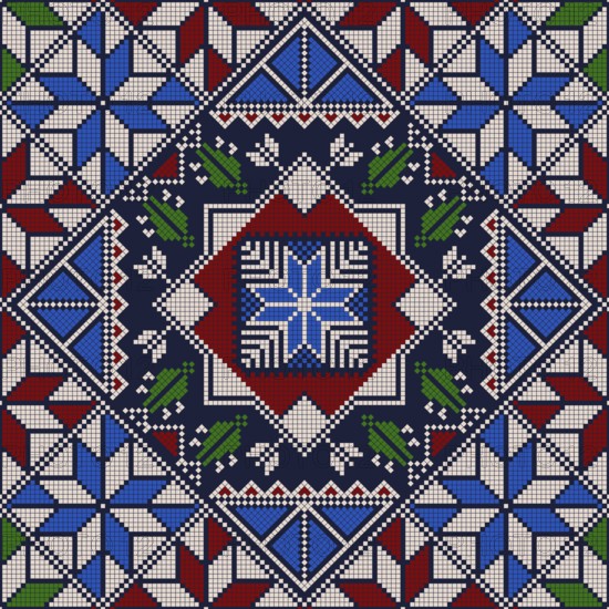 Decorative Palestinian seamless pattern in colors, traditional Tatreez embroidery, vector illustration
