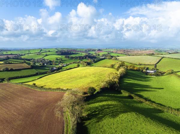 Lights and Shadows over Fields and Farms from a drone, Devon, England, United Kingdom, Europe