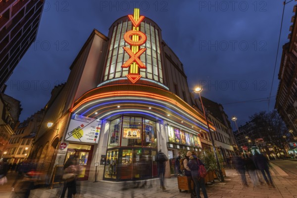 The Vox cinema in Strasbourg is illuminated at night. Bas-Rhin, Alsace, Grand Est, France, Europe