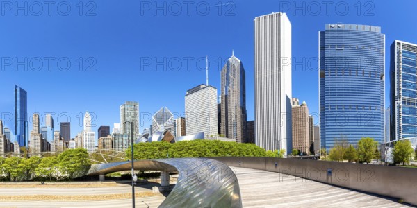 Chicago skyline skyscrapers skyscrapers and BP Pedestrian Bridge bridge skyscraper panorama in Chicago, USA, North America