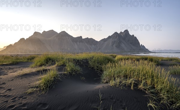 Black beach with volcanic sand, sandy beach, dunes with grass, Stokksnes headland, Klifatindur mountain range, Austurland, East Iceland, Iceland, Europe