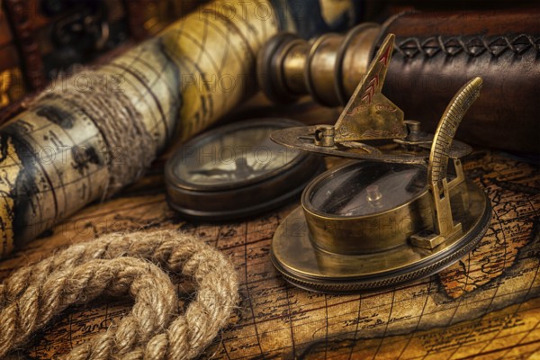 Travel geography navigation concept background, old vintage retro compass with sundial, spyglass and rope on ancient world map