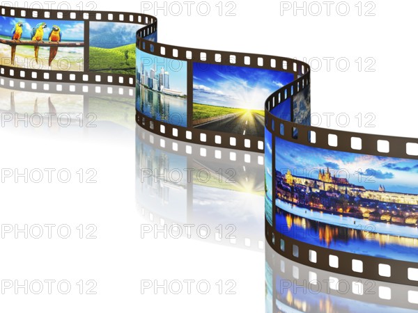 Global travel world countries concept, photo film with travel images with reflection on white background