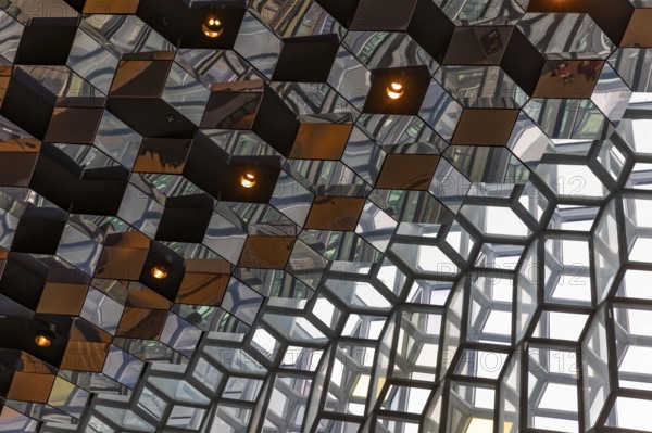 Harpa Concert Hall and Congress Centre, interior view, artistic modern architecture, Reykjavik, Reykjanes Peninsula, Sudurnes, Iceland, Europe