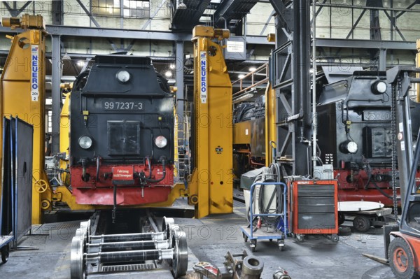 Steam locomotives of the Harz narrow gauge railway for maintenance in the workshop, Wernigerode, Saxony-Anhalt, Germany, Europe
