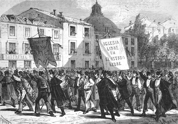 Demonstration for religious freedom in Madrid, 1869, Spain, Historic, digitally restored reproduction of an original 19th century artwork, exact original date unknown, Europe