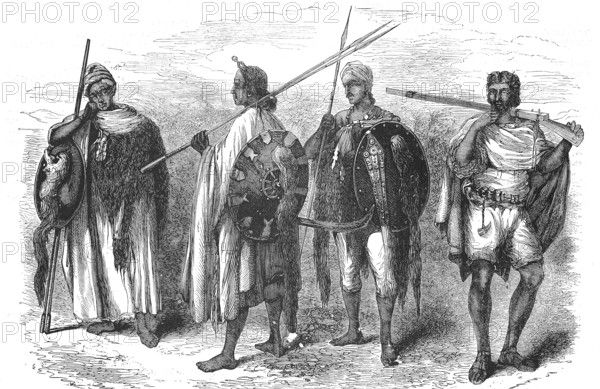 Members of the Army of Abyssinia, Guard of the Negus, in 1868, Ethiopia, Historic, digitally restored reproduction of an original 19th century painting, exact original date unknown, Africa