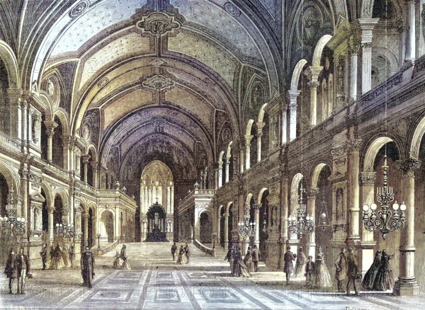 Nave of the Parish Church La Trinite, Eglise de la Sainte-Trinité, Trinity Church, in the 9th arrondissement of Paris, 1865, France, Historic, digitally restored reproduction of an original 19th century painting, exact original date unknown, Europe