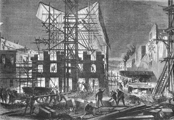 Night work for the construction of buildings, 1869, Moniteur, Paris, France, Historic, digitally restored reproduction of a 19th century original, exact original date unknown, Europe