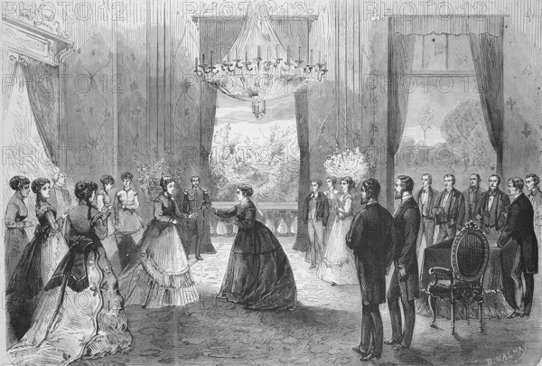 Visit of Empress Eugenie de Montijo, Maria Eugenia Ignacia Agustina de Palafox Portocarrero de Guzman y Kirkpatrick with Queen Victoria of England, Hotel of the English Embassy, Historic, digitally restored reproduction of a 19th century original, exact original date unknown
