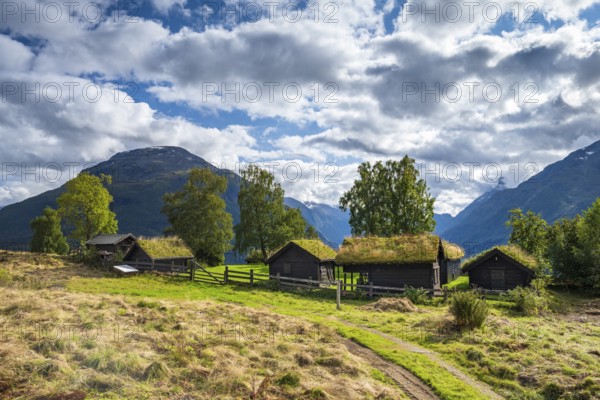 Traditional mountain huts on the mountain Årheimsfjellet, Loen, Stryn, Norway, Europe