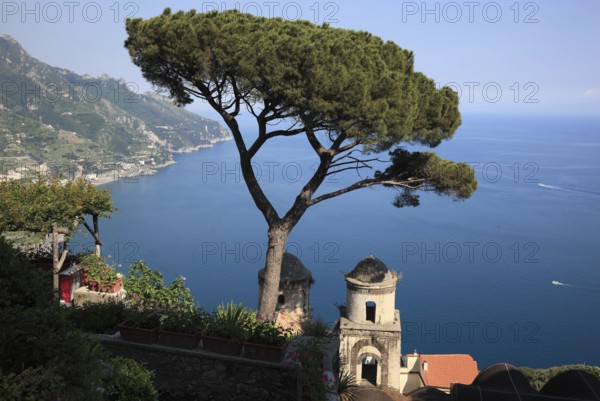 View from Villa Rufolo of the Gulf of Salerno and the towers of the Church of Chiese dell Annunziata, Campania, Italy, Europe