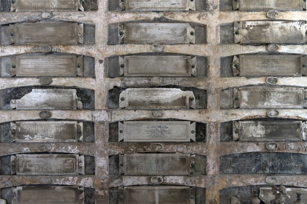 Historic burial chambers at the Monumental Cemetery, Cimitero monumentale di Staglieno), Genoa, Italy, Europe