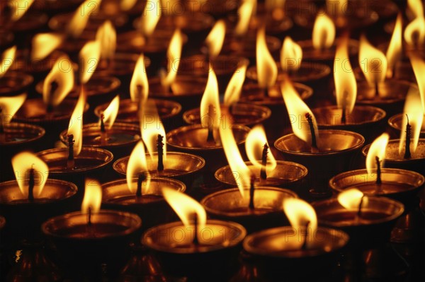 Burning candles in Buddhist temple. Dharamsala, Himachal Pradesh, India, Asia