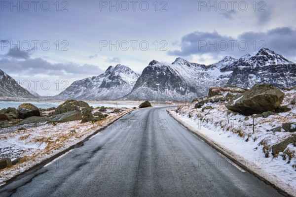 Road in Norwegian fjord. Lofoten islands, Norway, Europe