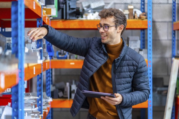 Proud engineer in the stock room of a cnc factory using tablet and smiling