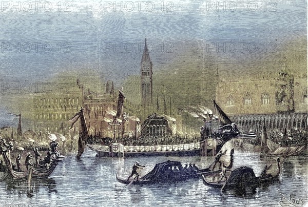 Funeral of Daniele Manin (13 May 1804) (22 September 1857), Manin died in France. After the annexation of Veneto to the Kingdom of Italy, his remains were transferred to Venice in 1868 and solemnly buried on the north façade of St. Mark's Basilica, funeral gondola, Historic, digitally restored reproduction of a 19th century original, exact original date unknown