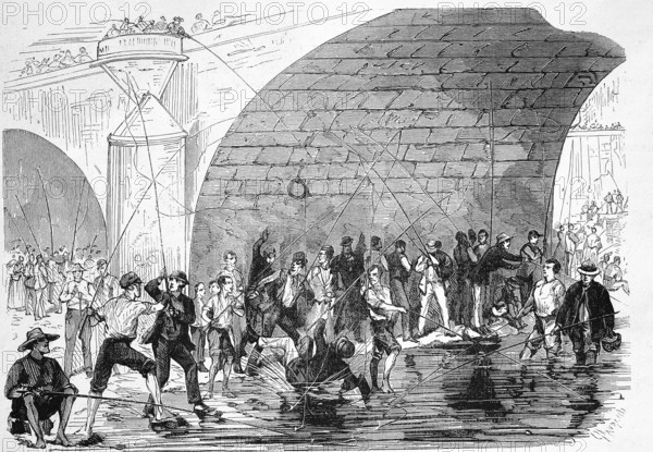 The Anglers at the Bottom of Pont Neuf in Ligne, 1869, France, Historic, digitally restored reproduction of an original 19th century painting, exact original date unknown, Europe