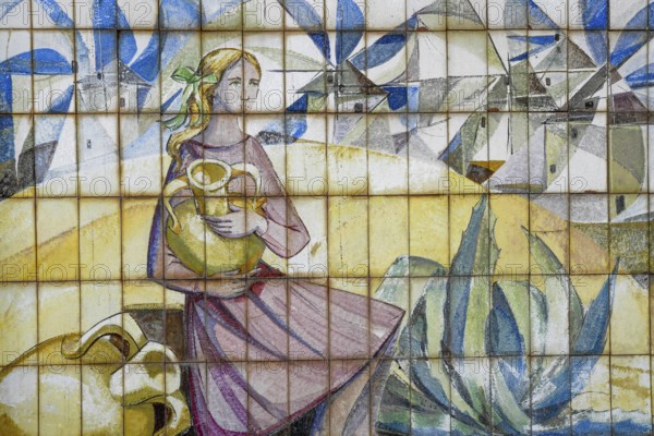 Painted wall tiles with mill motif on the castle hill, Cartagena, Region of Murcia, Spain, Europe